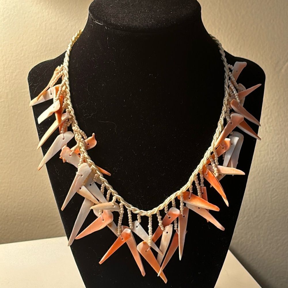 Braided Natural Cut Sea Shell Statement Necklace with Orange Tones 17”